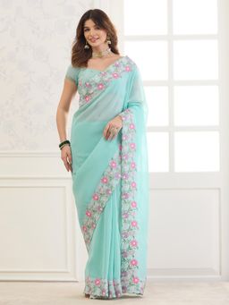 Sareemall - Blue Solid/Plain Saree with Unstitched Blouse