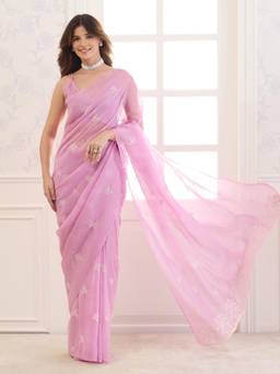 Sareemall - Pink Embroidered Thread Work Saree with Unstitched Blouse