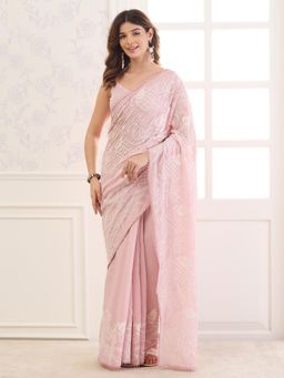 Sareemall - Pink Embroidered Thread Work Saree with Unstitched Blouse