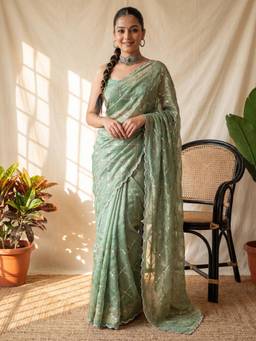 Sareemall - Green Embellished/Sequined Saree with Unstitched Blouse