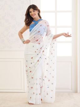 Sareemall - White Floral Saree with Unstitched Blouse