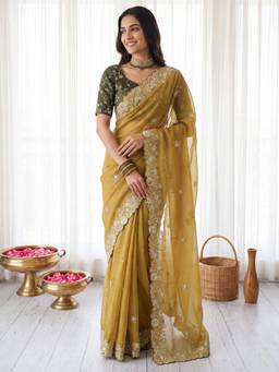 Sareemall - Mustard Embellished/Sequined Saree with Unstitched Blouse