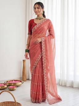 Sareemall - Peach Embroidered Thread Work Saree with Unstitched Blouse
