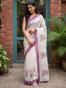Sareemall - Off White Floral Printed Saree with Unstitched Blouse