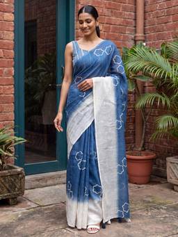 Sareemall - Indigo Floral Printed Saree with Unstitched Blouse