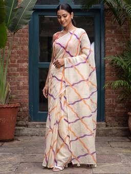 Sareemall - Cream Printed Saree with Unstitched Blouse