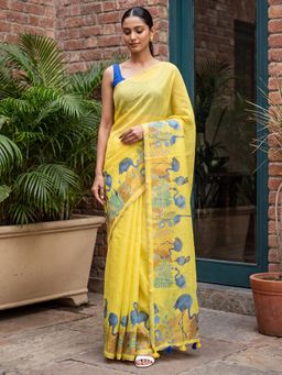 Sareemall - Yellow Printed Saree with Unstitched Blouse