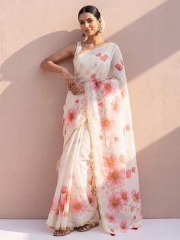 Sareemall - Off White Floral Printed Saree with Unstitched Blouse