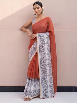 Sareemall - Rust Printed Saree with Unstitched Blouse