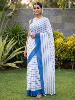 Sareemall - Off White Stripes Saree with Unstitched Blouse
