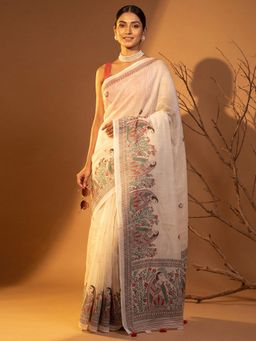 Sareemall - Off White Printed Saree with Unstitched Blouse