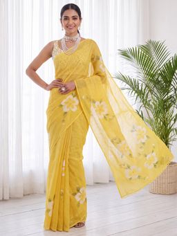 Sareemall - Yellow Floral Printed Saree with Unstitched Blouse