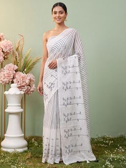 Sareemall - White Stripes Saree with Unstitched Blouse