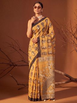 Sareemall - Mustard Printed Saree with Unstitched Blouse