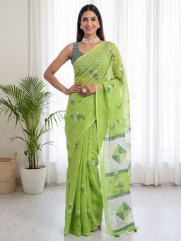 Sareemall - Green Floral Printed Saree with Unstitched Blouse