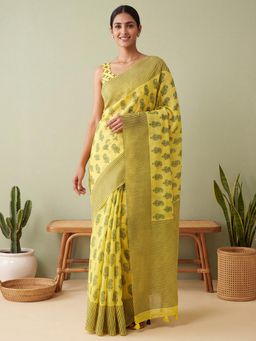 Sareemall - Yellow Paisley Saree with Unstitched Blouse