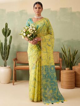 Sareemall - Yellow Floral Printed Saree with Unstitched Blouse