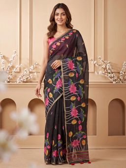 Sareemall - Black Floral Printed Saree with Unstitched Blouse