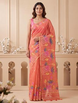 Sareemall - Rust Floral Printed Saree with Unstitched Blouse