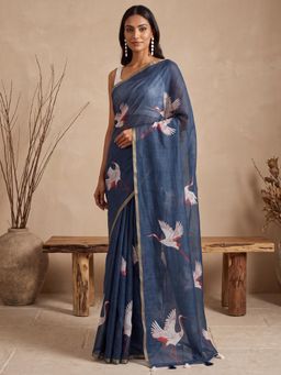 Sareemall - Navy Blue Printed Saree with Unstitched Blouse