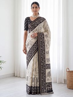 Sareemall - Beige Floral Printed Saree with Unstitched Blouse