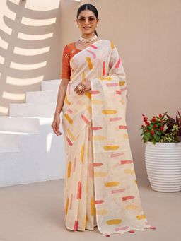Sareemall - Cream Printed Saree with Unstitched Blouse