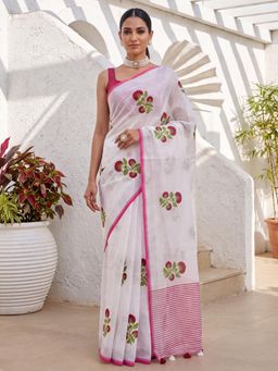 Sareemall - White Floral Printed Saree with Unstitched Blouse