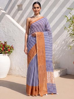 Sareemall - Blue Printed Saree with Unstitched Blouse
