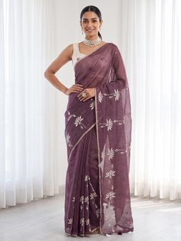 Sareemall - Wine Floral Printed Saree with Unstitched Blouse