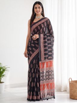 Sareemall - Black Printed Saree with Unstitched Blouse