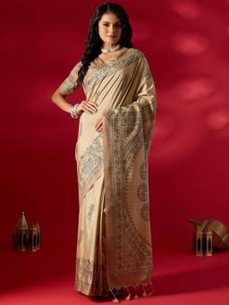Sareemall - Beige Printed Saree with Unstitched Blouse