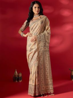 Sareemall - Beige Printed Saree with Unstitched Blouse