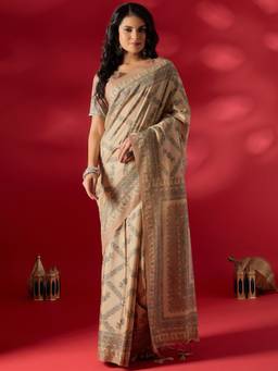 Sareemall - Beige Printed Saree with Unstitched Blouse