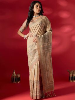 Sareemall - Beige Printed Saree with Unstitched Blouse