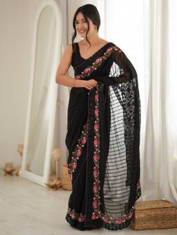 Sareemall - Black Embroidered Thread Work Saree with Unstitched Blouse
