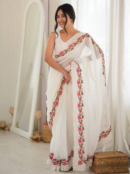 Sareemall - White Embroidered Thread Work Saree with Unstitched Blouse