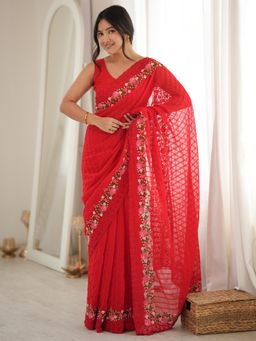 Sareemall - Red Embroidered Thread Work Saree with Unstitched Blouse