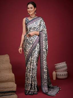 Sareemall - Grey Printed Saree with Unstitched Blouse