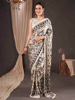 Sareemall - Off White Printed Saree with Unstitched Blouse