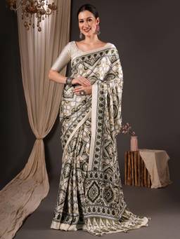Sareemall - Off White Printed Saree with Unstitched Blouse