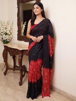 Sareemall - Black Printed Saree with Unstitched Blouse
