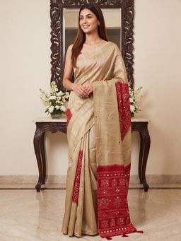 Sareemall - Beige Printed Saree with Unstitched Blouse