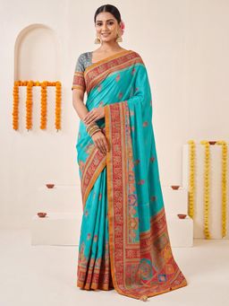 Sareemall - Turquoise Printed Saree with Unstitched Blouse