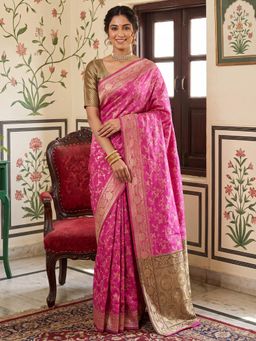 Sareemall - Pink Woven Zari Saree with Unstitched Blouse