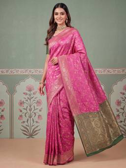 Sareemall - Pink Woven Zari Saree with Unstitched Blouse
