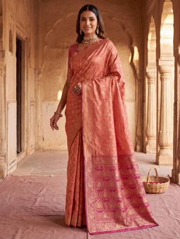 Sareemall - Peach Woven Zari Saree with Unstitched Blouse