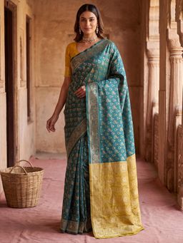 Sareemall - Teal Woven Zari Saree with Unstitched Blouse