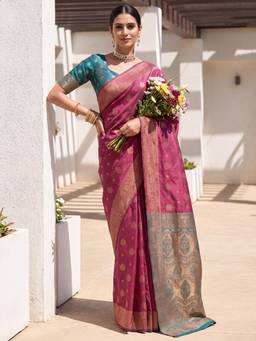 Sareemall - Magenta Woven Zari Saree with Unstitched Blouse