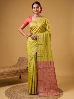 Sareemall - Yellow Woven Zari Saree with Unstitched Blouse
