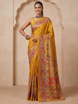 Sareemall - Mustard Embroidered Mirror Work Saree with Unstitched Blouse